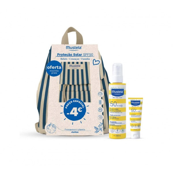 Mustela Bebé Spray Solar SPF50 200 Ml + Leite Solar Rosto SPF50+ 40 Ml + Mochila De Praia Azul